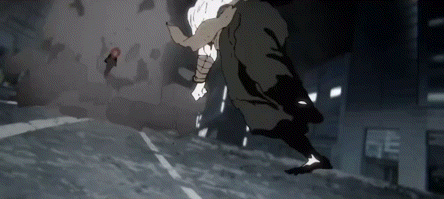 a cartoon of a man running down a street in a city .