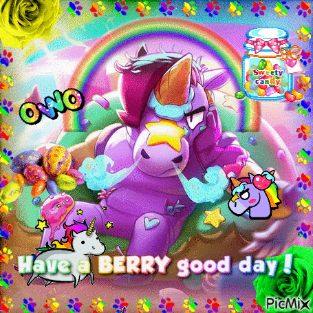 a purple unicorn is smoking a cigarette and says have a berry good day !