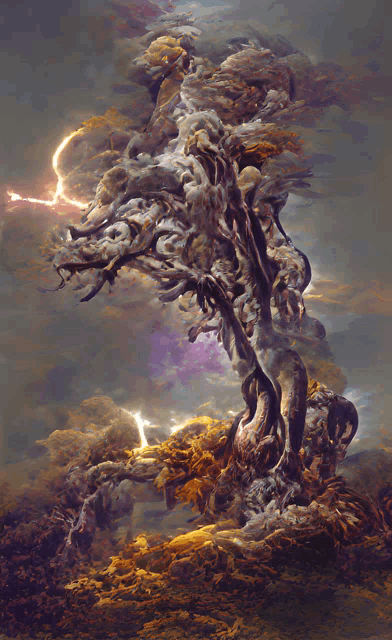 a painting of a stormy sky with a tree in the middle