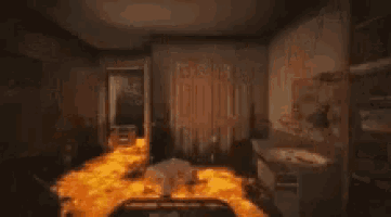 a painting of a dark room with a few pictures on the wall .