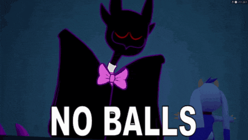 a cartoon cat says no balls in front of a purple background