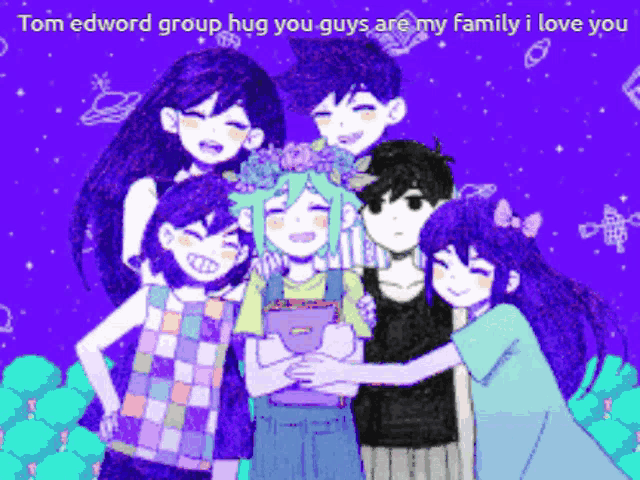 a group of anime characters hugging each other with the words tom edword group hug you guys are my family i love you