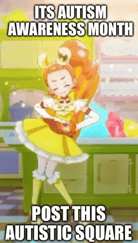a picture of a girl in a yellow dress with the words " its autism awareness month post this autistic square " at the bottom
