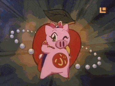 a pink and yellow cartoon character is flying through the air with a sword .