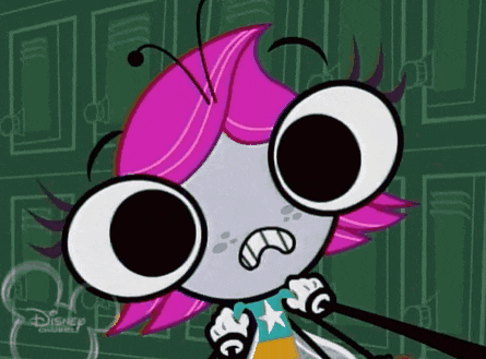 a cartoon character with pink hair and big eyes is holding a stick .