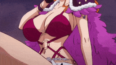 a cartoon of a woman in a bikini with the words oh come on written below her