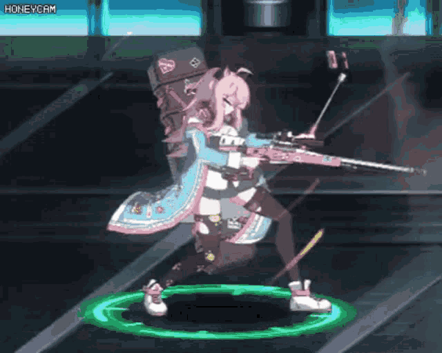 a girl with pink hair is holding a gun in a video game