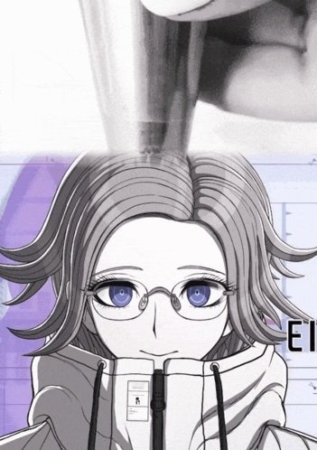 a black and white drawing of a girl wearing glasses and a jacket that says ei on it