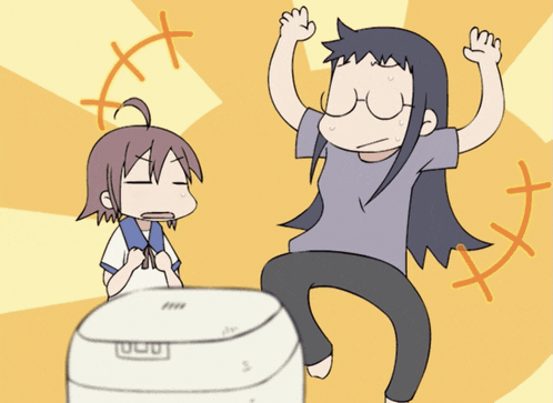 a cartoon of a girl standing next to a rice cooker that says 000