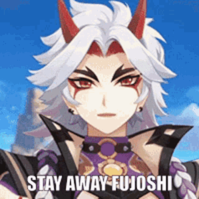 a cartoon character with horns and the words `` stay away fujoshi '' written on the bottom .