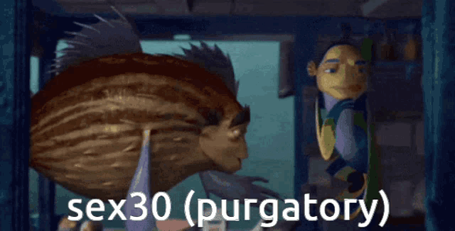 a cartoon of a fish with the words sex30 ( purgatory ) on it