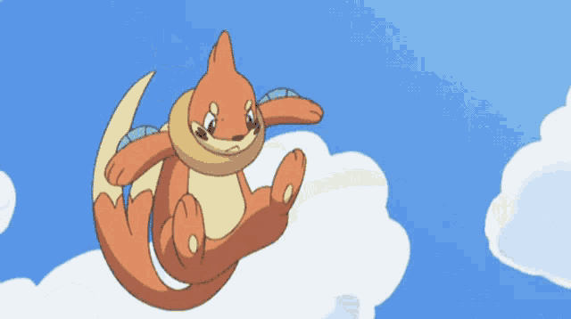 a cartoon character is flying through the air with a blue sky and clouds in the background