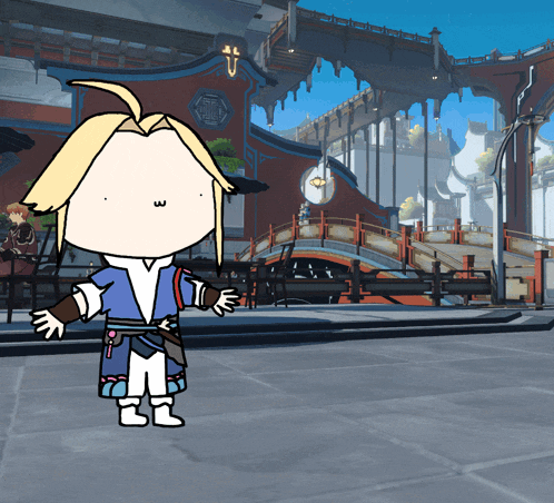a cartoon drawing of a person with a w on their face in front of a bridge