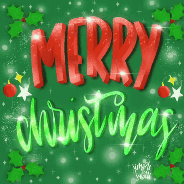 a merry christmas greeting card with holly and balls