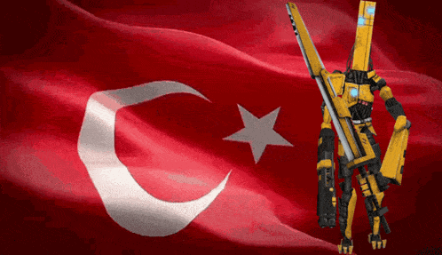 a yellow robot is standing in front of a red and white flag