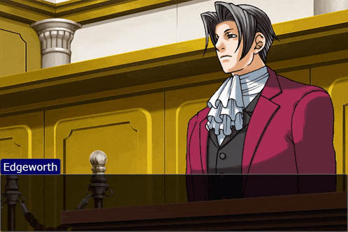 a man in a red suit stands in front of a podium with the name edgeworth on the screen
