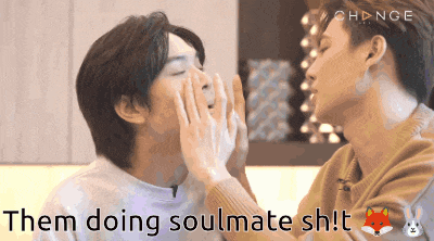 two men are touching each other 's faces with the words " them doing soulmate sh ! t " below them