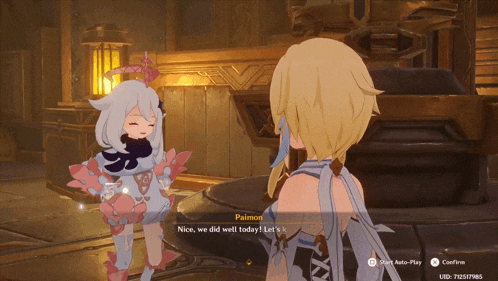 a screenshot of a video game with paimon saying " nice we did well today let 's go "
