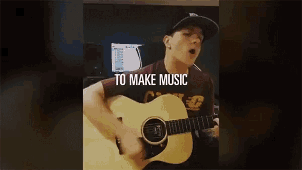 a man playing a guitar with the words " to make music " behind him