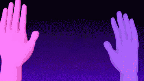 a pink hand and a purple hand are reaching out to each other