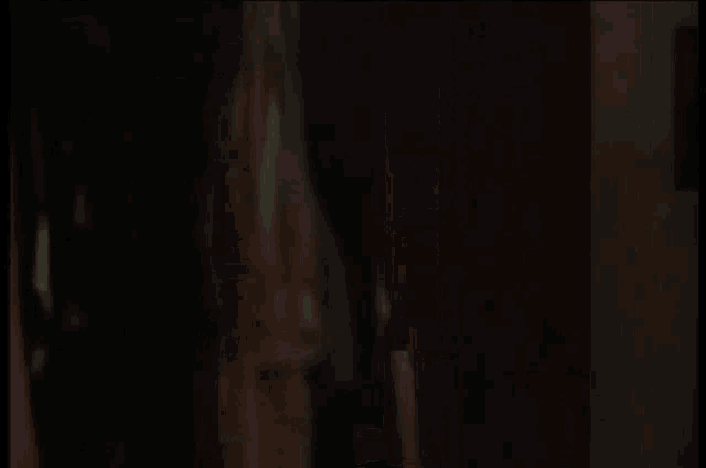 a door is open in a dark room with a picture on the wall behind it .