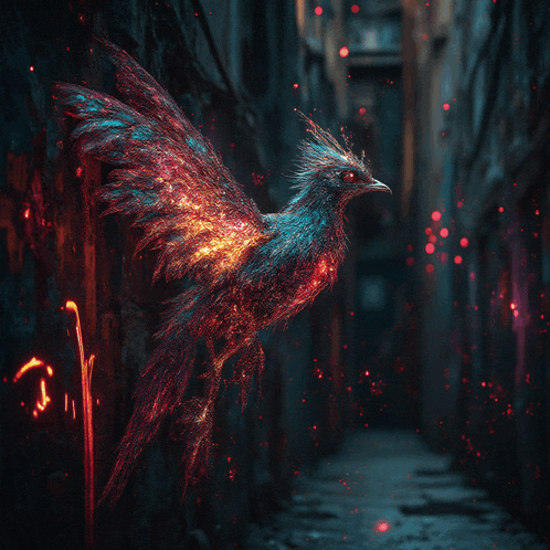 a colorful bird is sitting on a wall in a dark alley