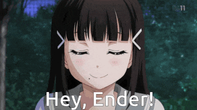 a girl in a school uniform is smiling and saying hey ender