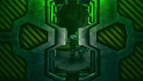 a video game character is standing in a room with a green light behind them