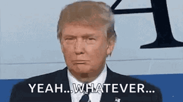 donald trump is wearing a suit and tie and saying yeah ... whatever ... .