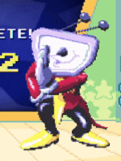 a cartoon character standing in front of a sign that says " delete "
