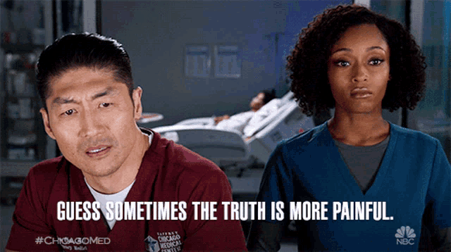 a man and a woman are standing next to each other with a caption that says guess sometimes the truth is more painful