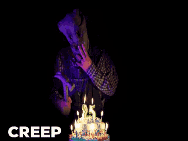 a creep poster with a man driving a car and a birthday cake with candles