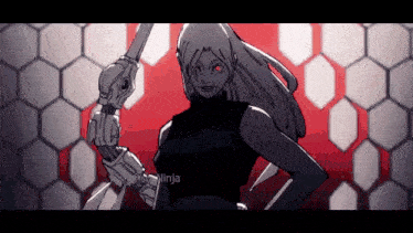 a drawing of a woman with red eyes holding a sword with the word ninja below her
