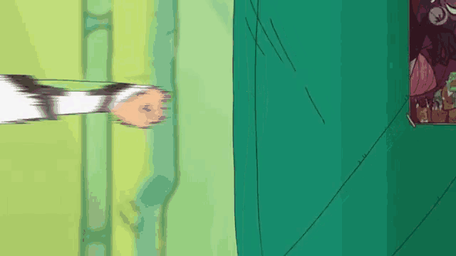 a cartoon drawing of a person standing next to a green wall with a picture on it