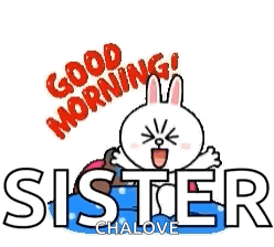 a cartoon rabbit is laying on a bed and says `` good morning sister '' .