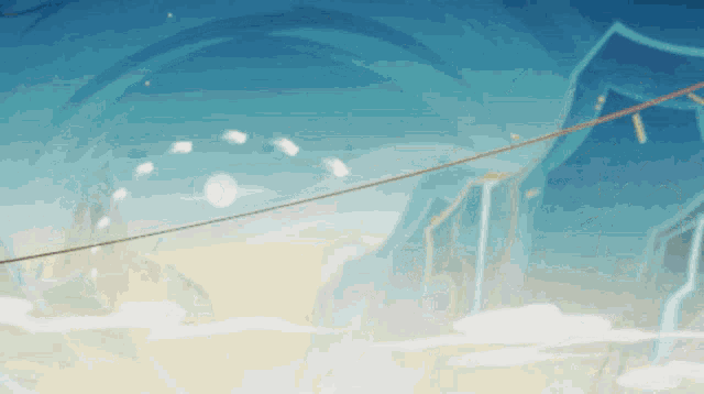 a cartoon landscape with mountains and clouds and a rope in the middle