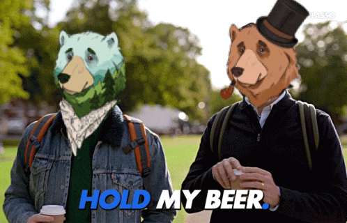 two men with bear heads are standing next to each other with the words hold my beer in blue