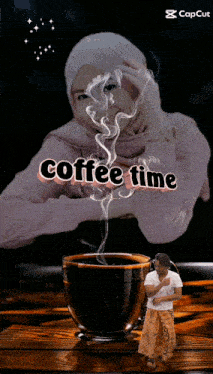 a man standing next to a cup of coffee with the words coffee time written on it
