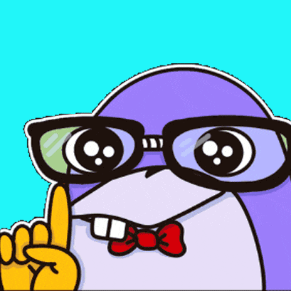 a cartoon penguin wearing glasses and a bow tie points up