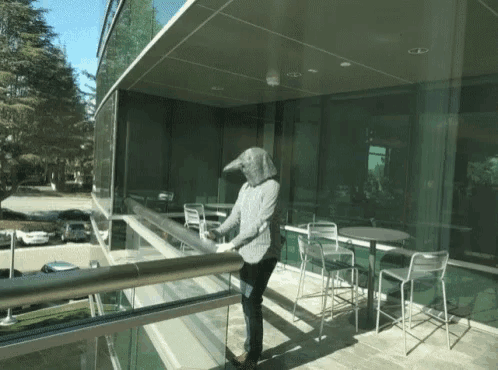 a man wearing a bird head stands on a balcony