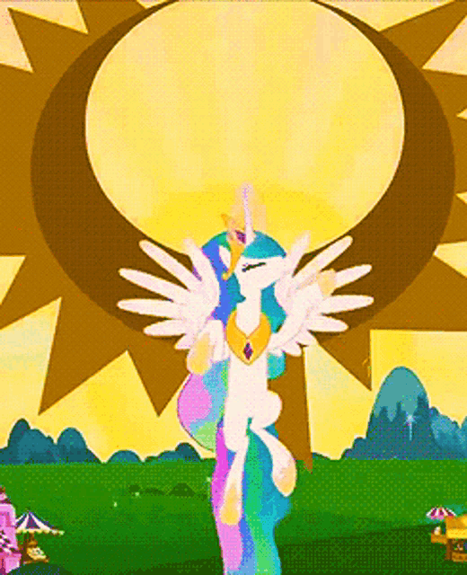 a cartoon of a pony with wings and a sun in the background
