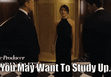 a woman in a black dress is standing in front of two men with the caption " you may want to study up " on the bottom