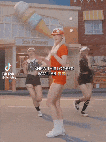 a group of women are dancing in front of an ice cream shop and the caption says i knew this looked familiar