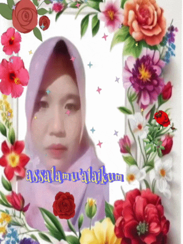 a woman in a hijab is surrounded by colorful flowers and says " assalamualaikum "
