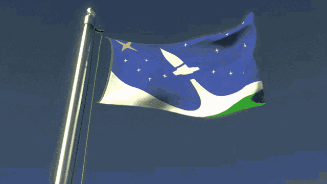 a blue white and green flag with a yellow star on top
