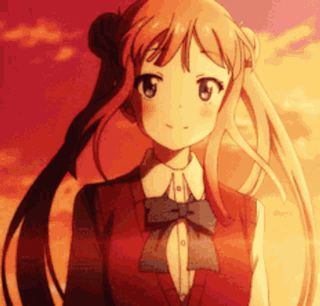 a girl with long hair and a bow tie is standing in front of a sunset sky .