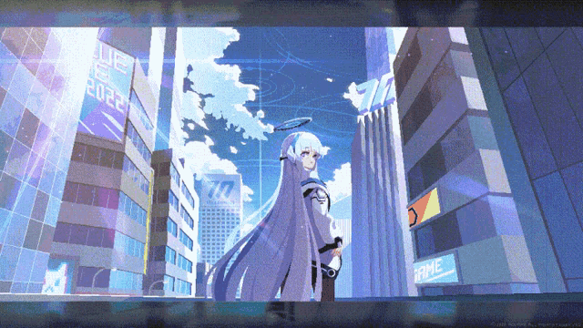 a girl with long white hair stands in a city with a sign that says 2022