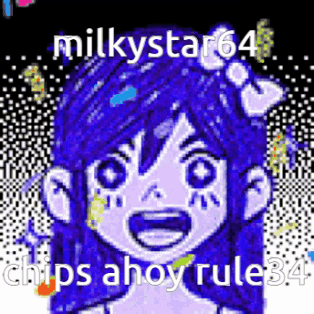 a pixel art drawing of a girl with blue hair and the words `` chips ahoy rule 34 '' .