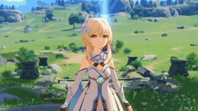 a girl in a white and blue dress stands in a field