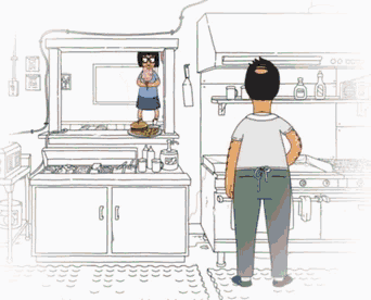 a cartoon drawing of a man standing in front of a kitchen